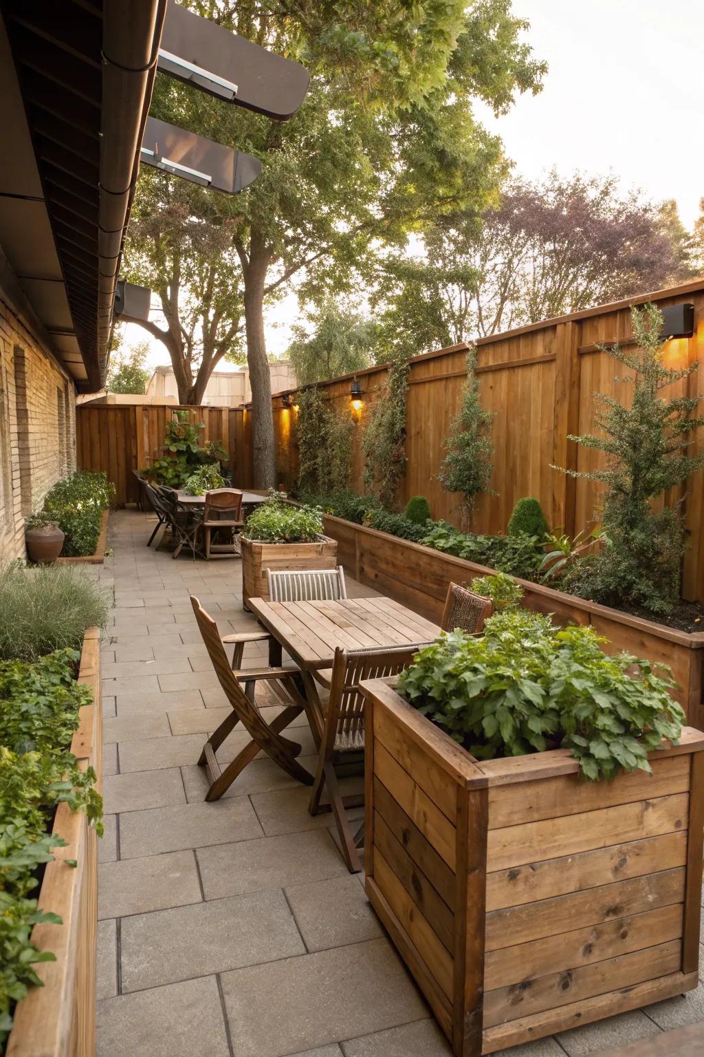 Add rustic charm with wooden planters on your patio.