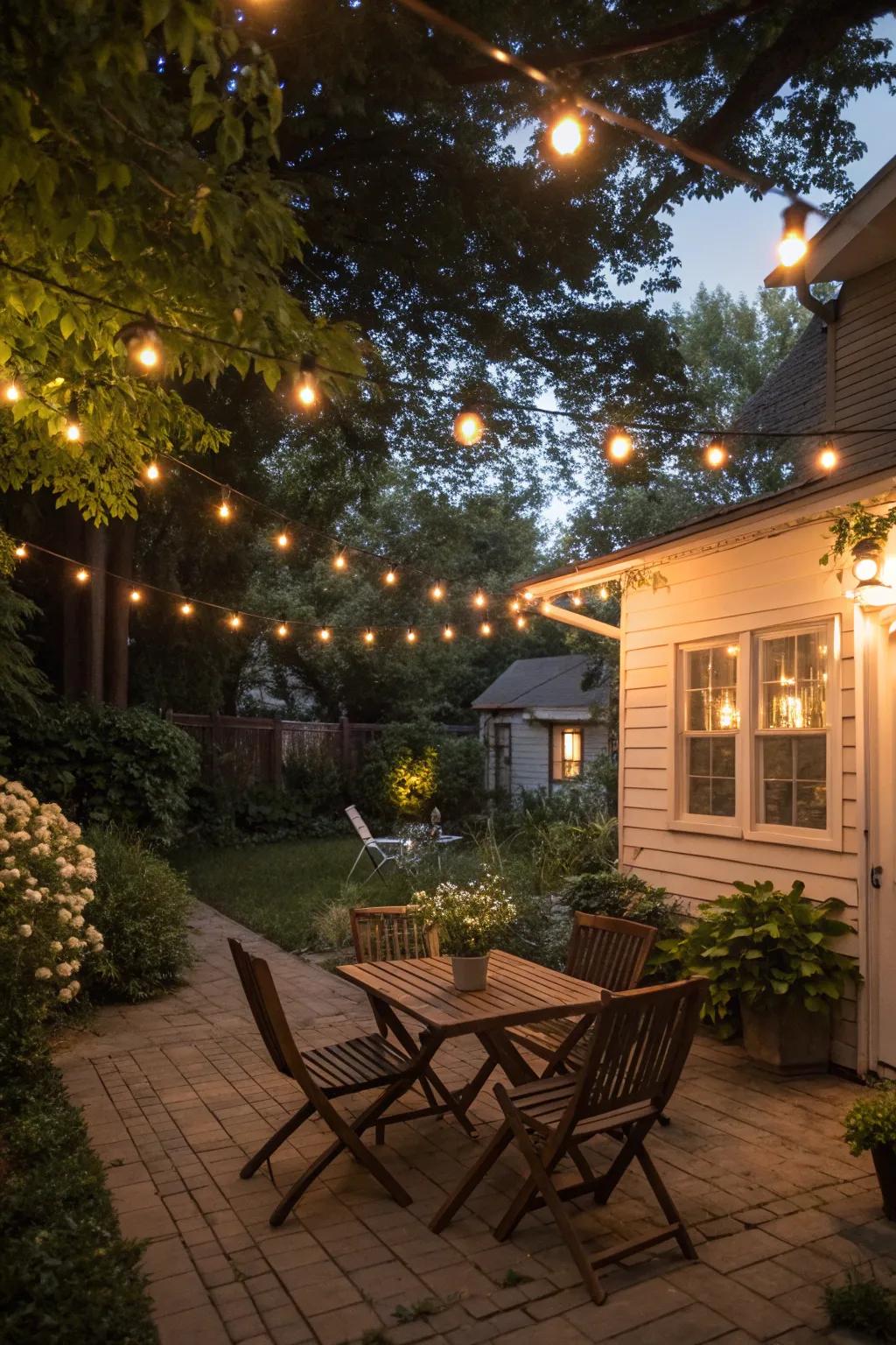 String lights illuminate a small patio with a warm glow.