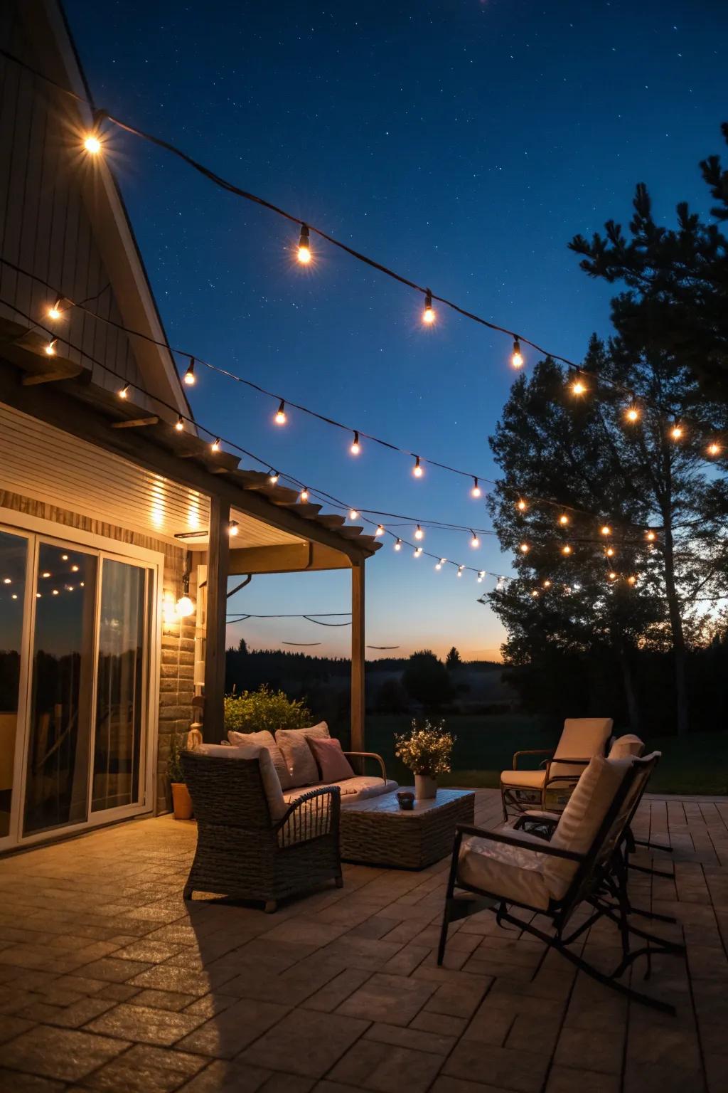 String lights adding an enchanting element to the patio.