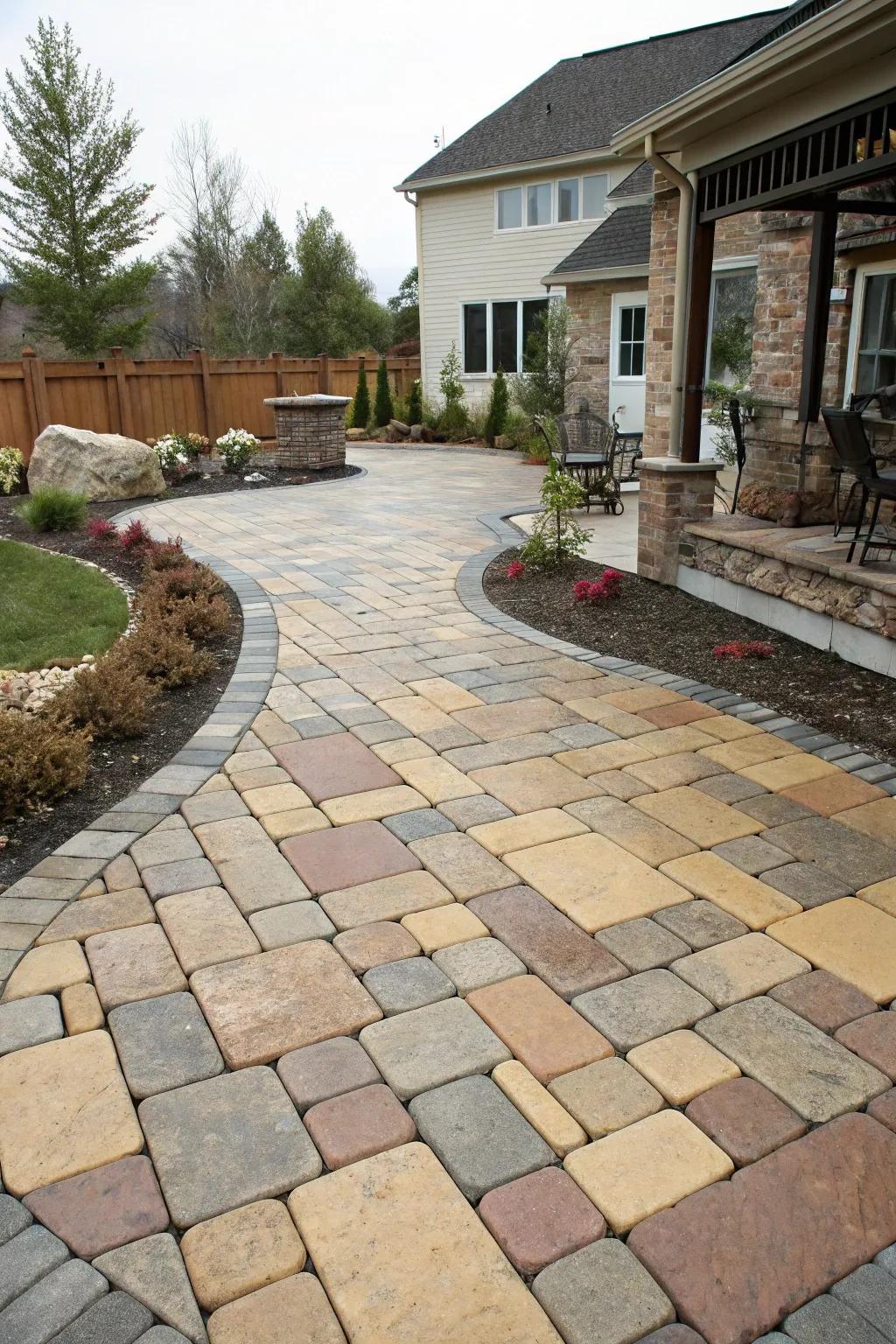 A paver patio featuring a blend of styles and colors, adding texture and visual appeal.