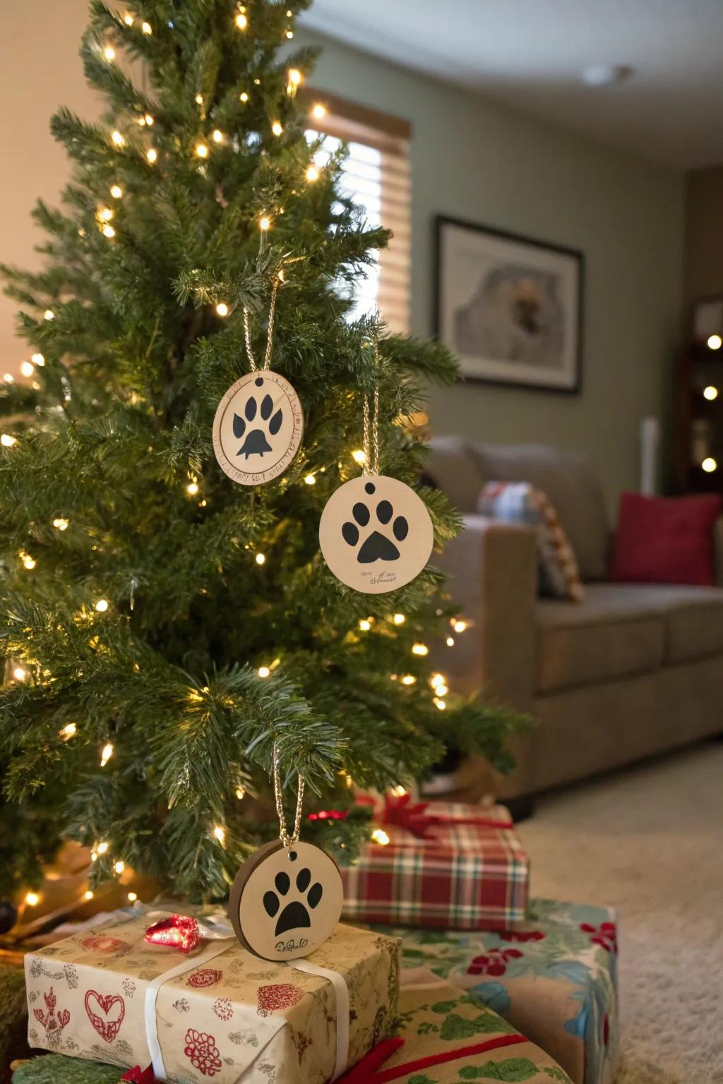 Unique paw print ornaments lending a personal touch to a festive tree.