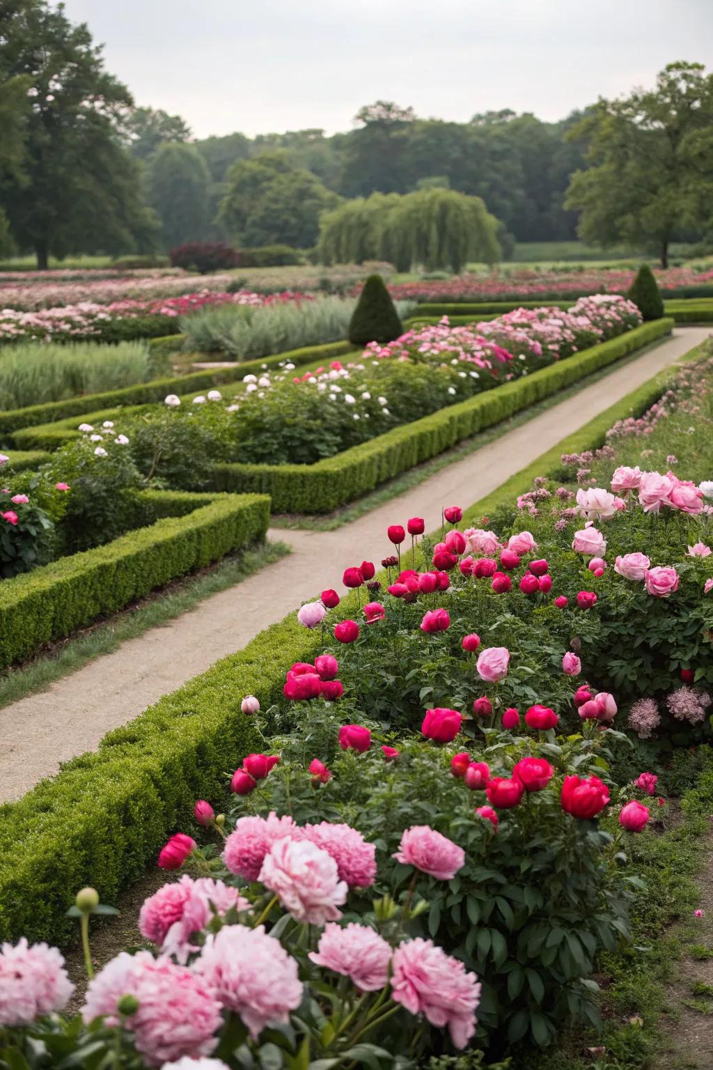 Defined layouts deliver a polished aesthetic to peony beds.