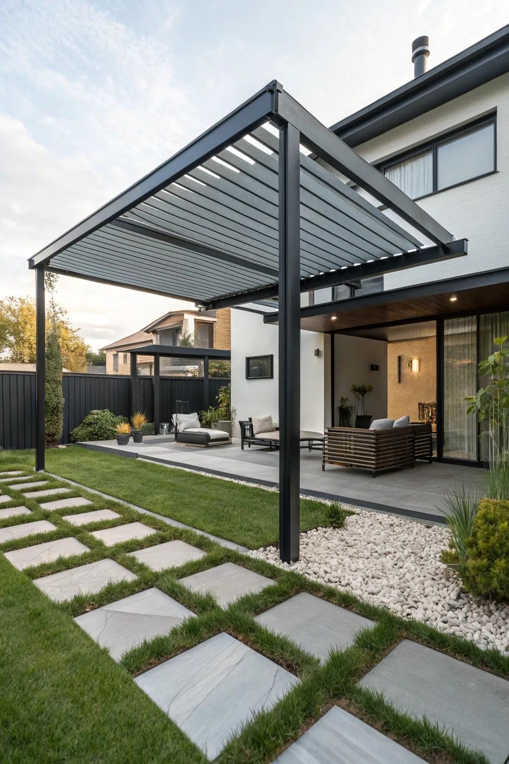Strong build meets style with a metal pergola roof.