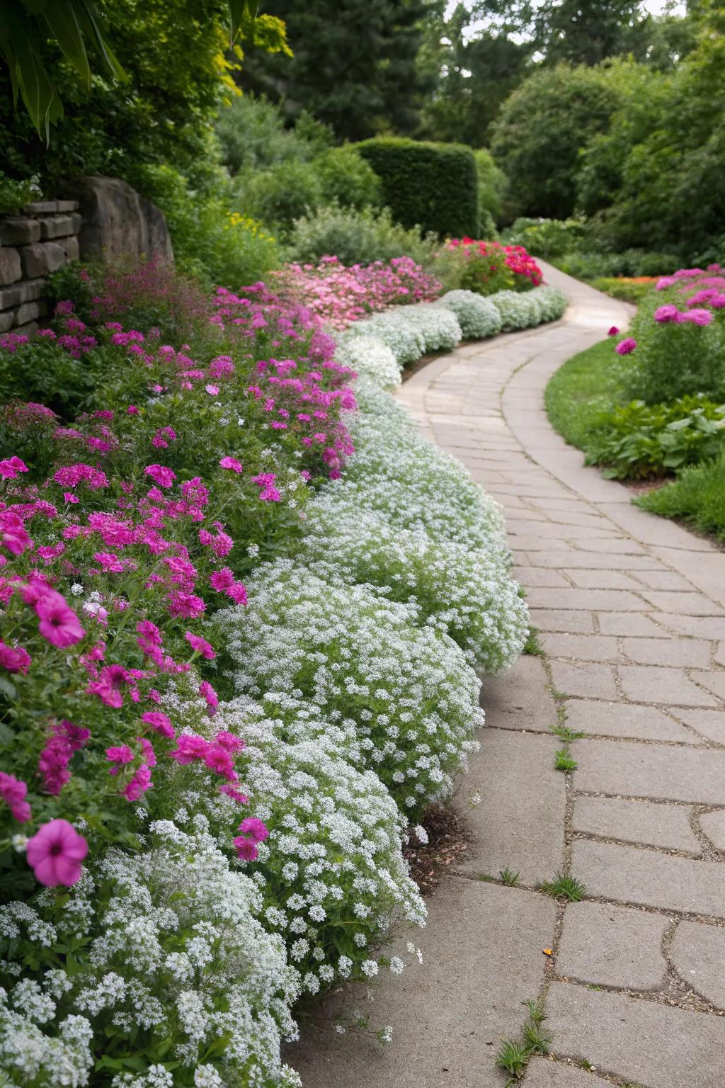 The appealing scent of alyssum enhances the vibrant charm of petunia-lined garden paths.