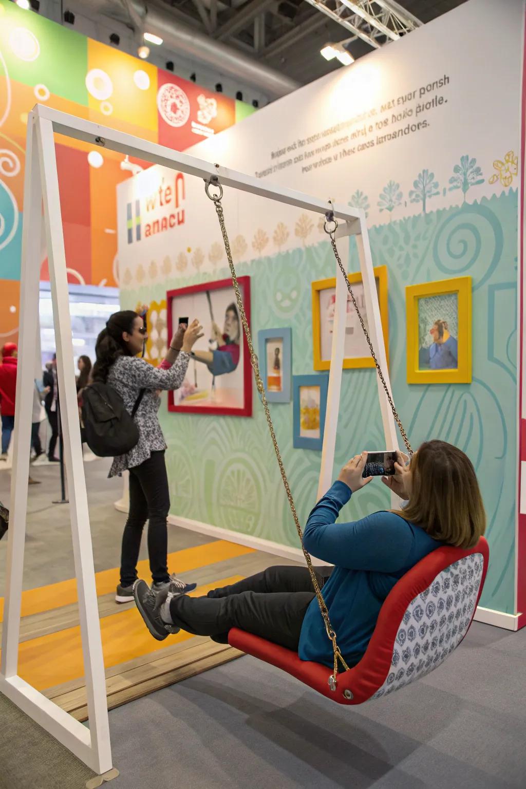 An engaging photo wall showcasing a swing seat and frames, encouraging inventive poses.