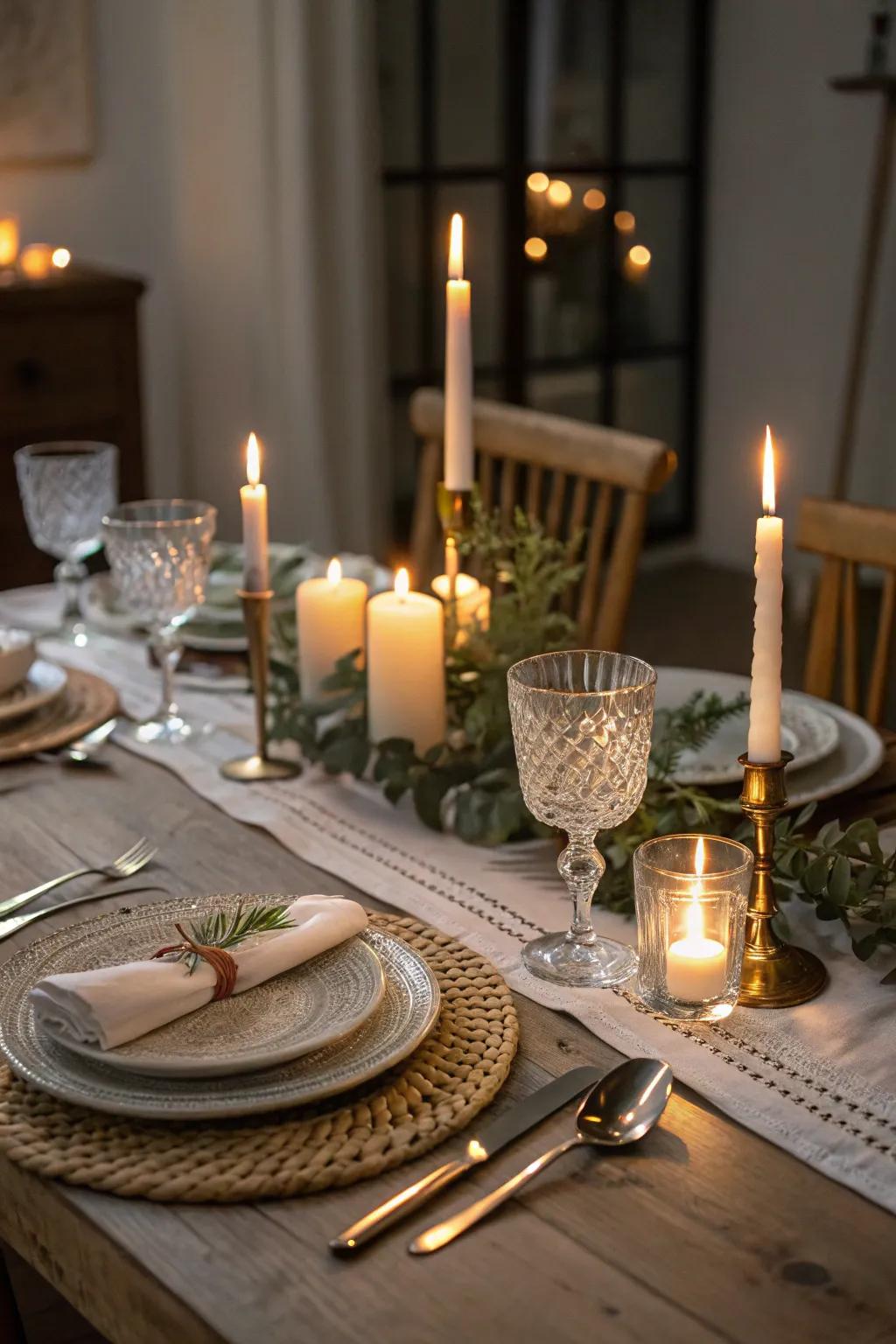 An elegantly set table with a warm candlelit ambiance.