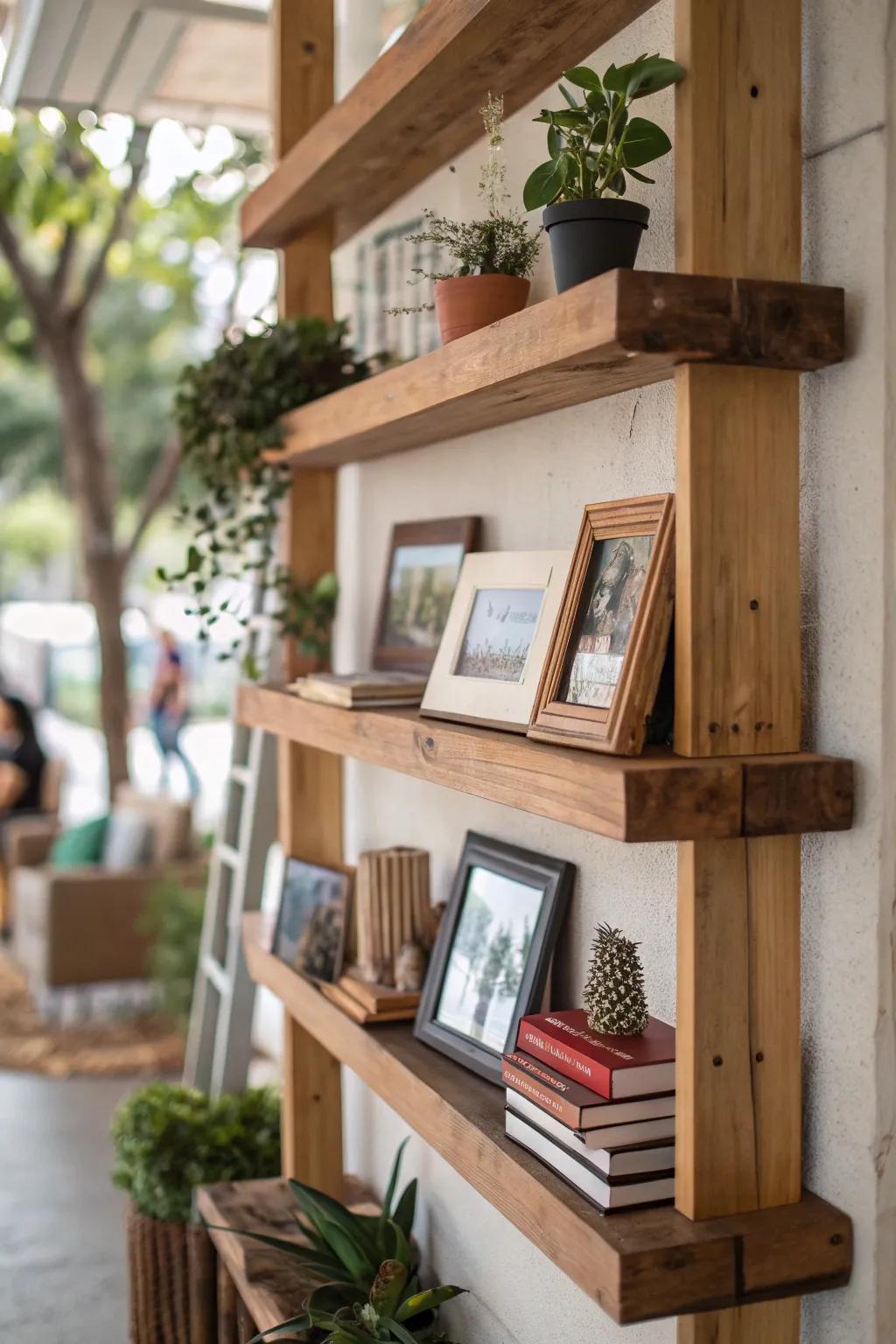 Shelves contribute depth and captivation by merging frames with decorative elements.