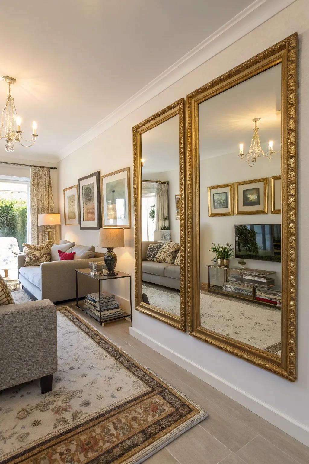 Mirrors incorporated into a picture wall to enhance light and space.