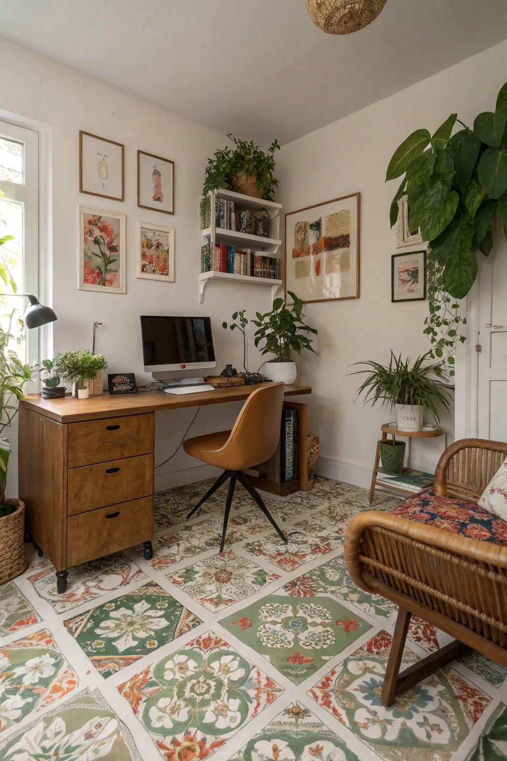 Floral floors infuse this home office with natural beauty.