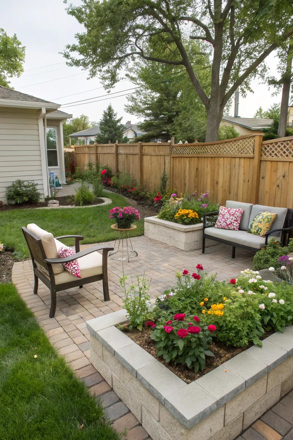 Utilize corners with versatile L-shaped raised flower beds.