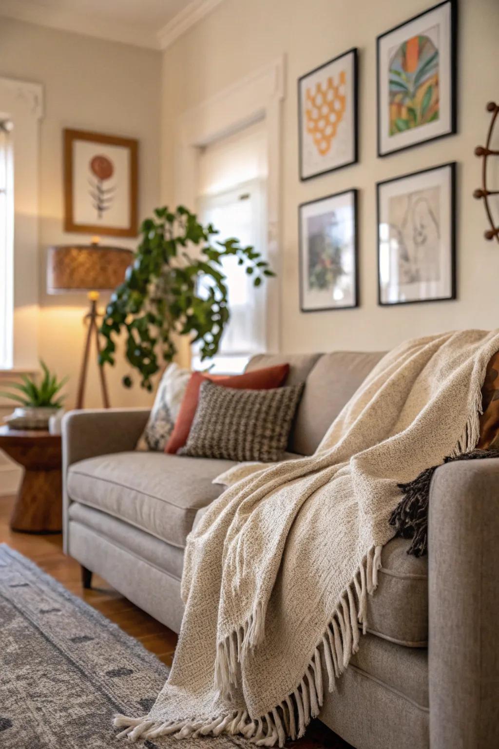 A wrap loosely arranged over a sofa corner for a simple appearance.