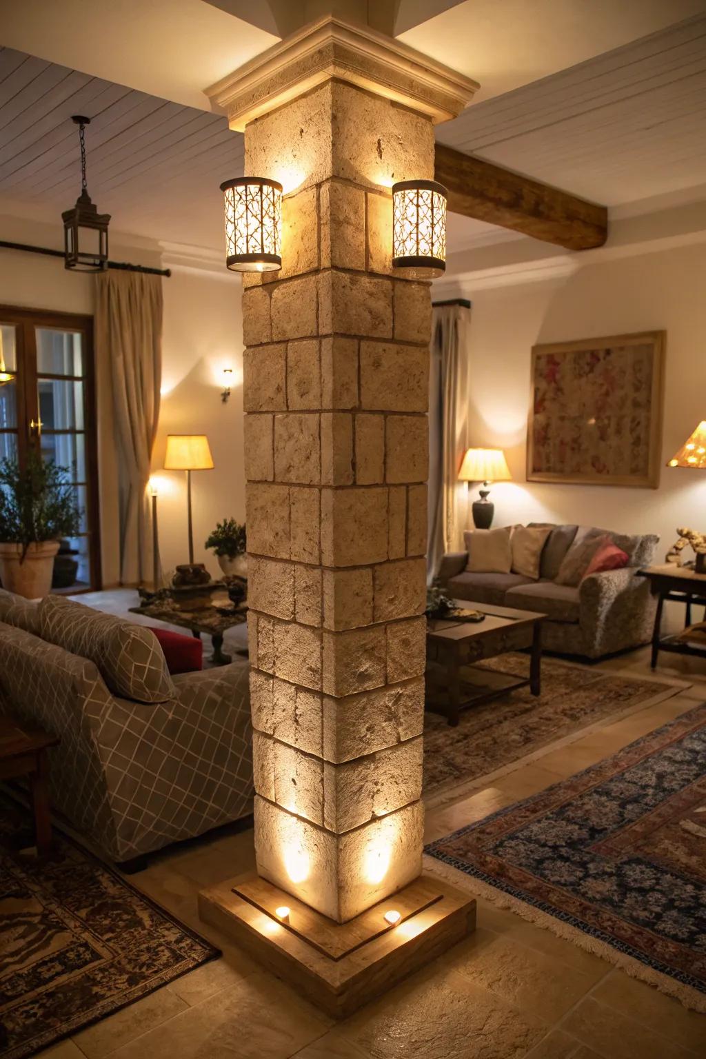 Integrated lights can transform pillars into radiant architectural spotlights.