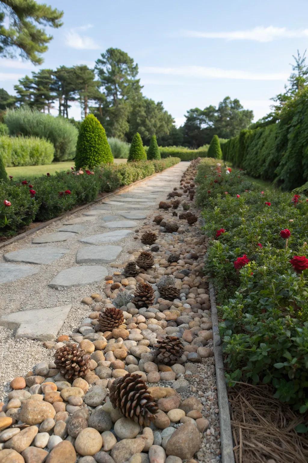 Pinecones merge seamlessly with stones, creating a vibrant landscape.