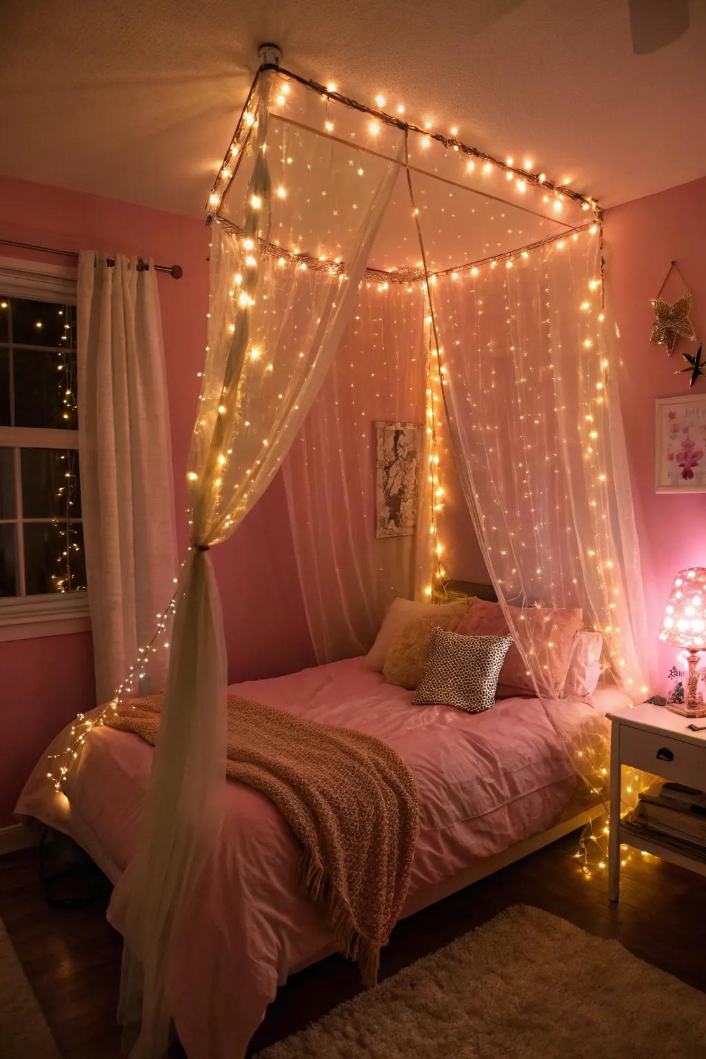 Fairy lights impart a magical glow to the space.