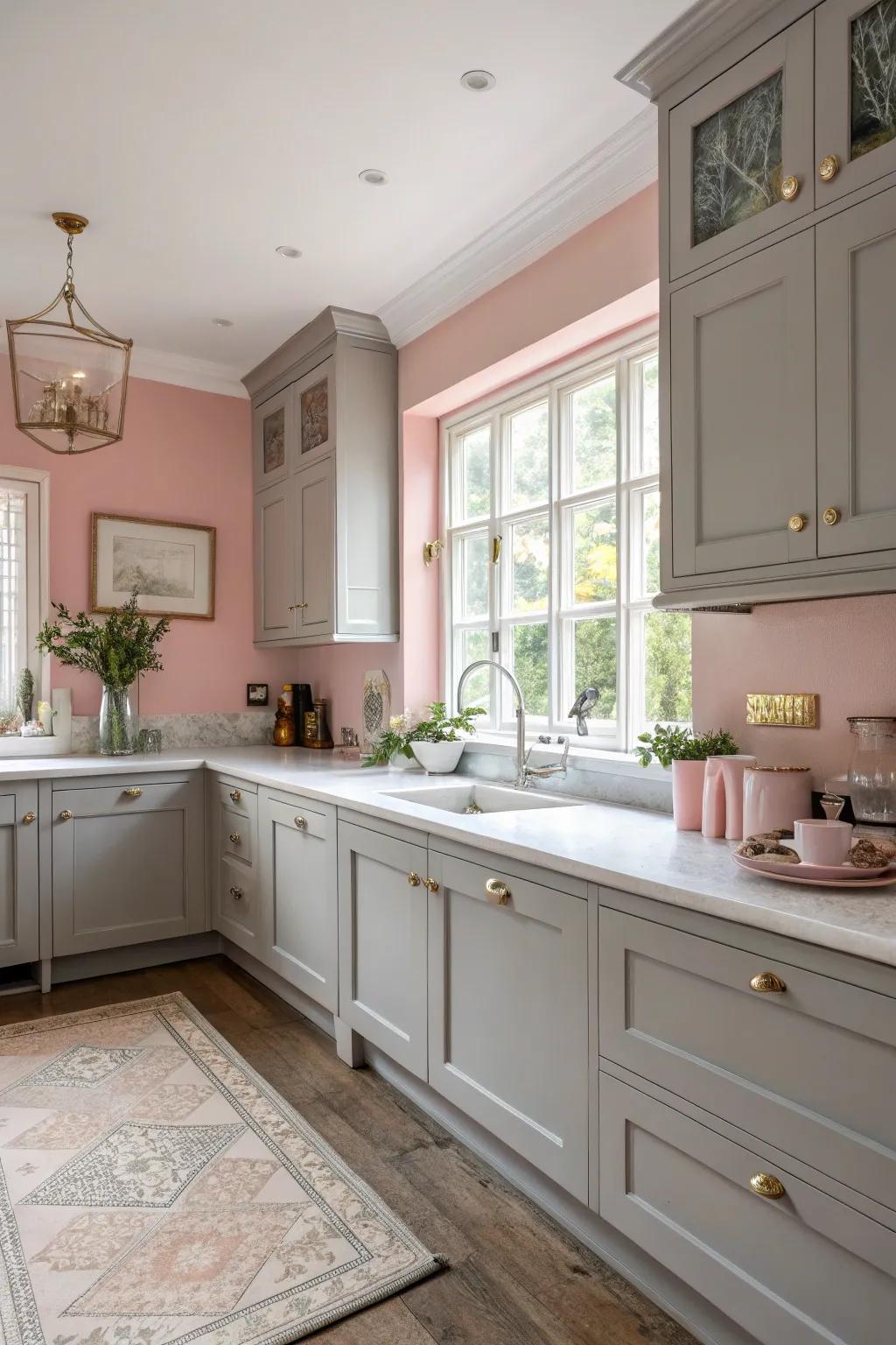 Delicate rose-tinted walls combined with chic grey units.