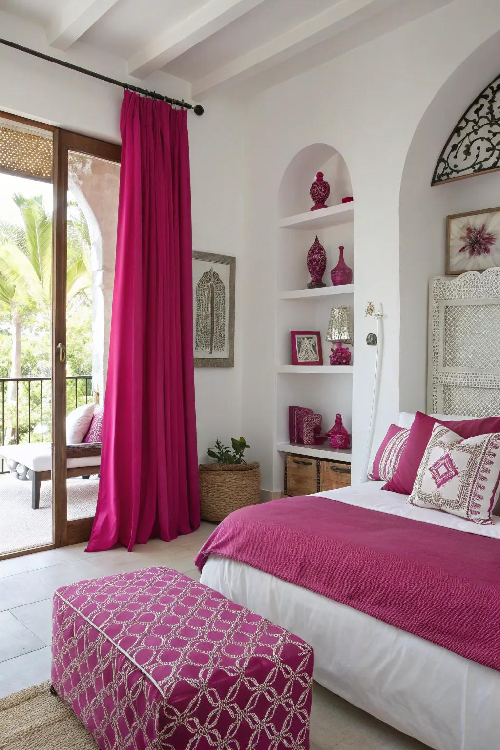 Fuchsia and white fuse to create a bold and modern bedroom style.