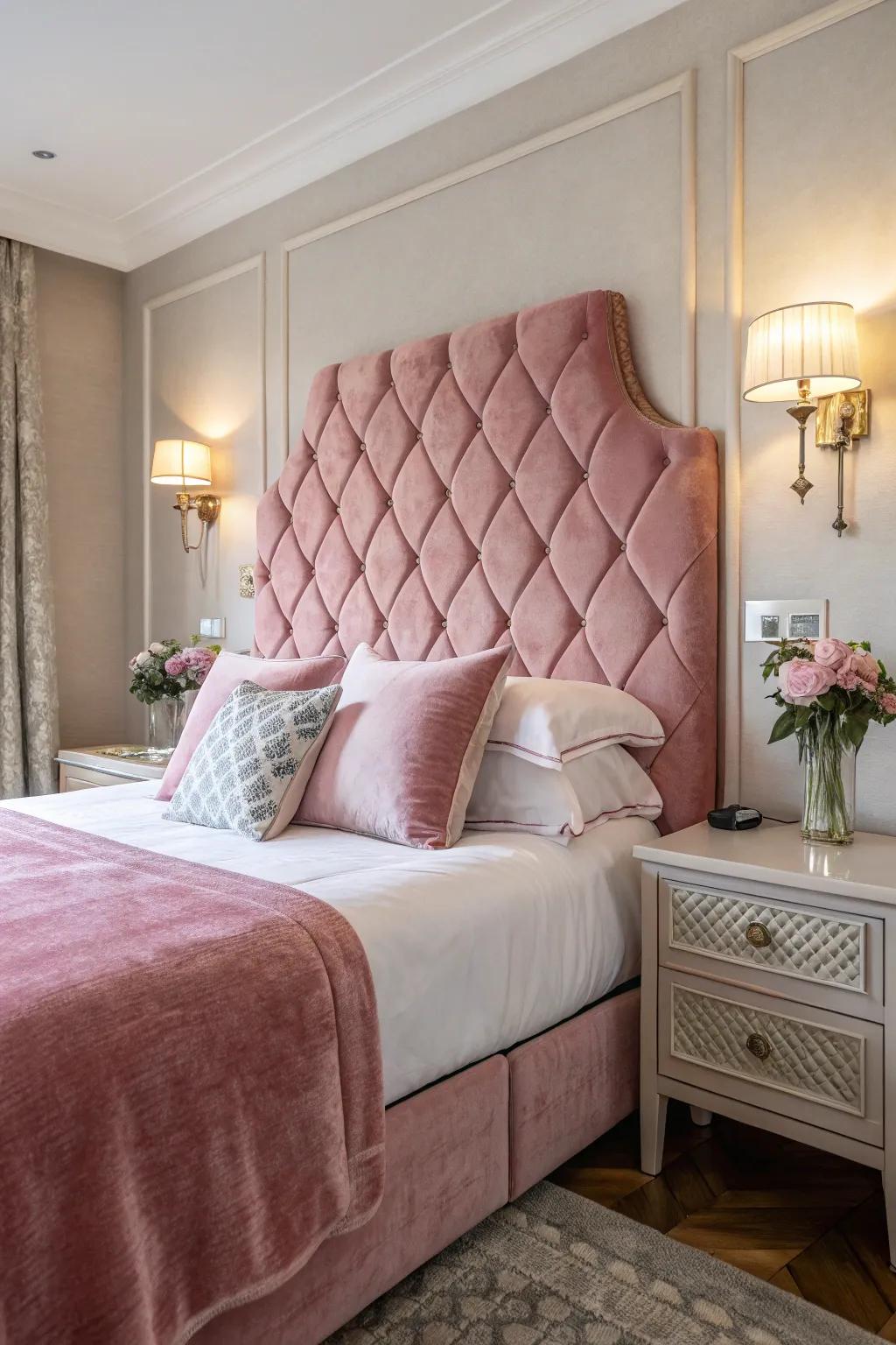 A luxurious rose velvet headboard enhances the elegance of this sophisticated bedroom.