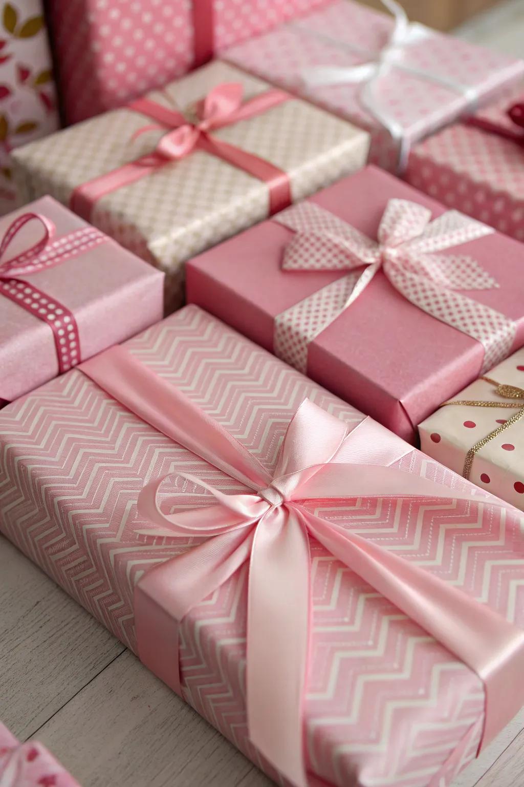Charming and colorful pink-wrapped gifts.