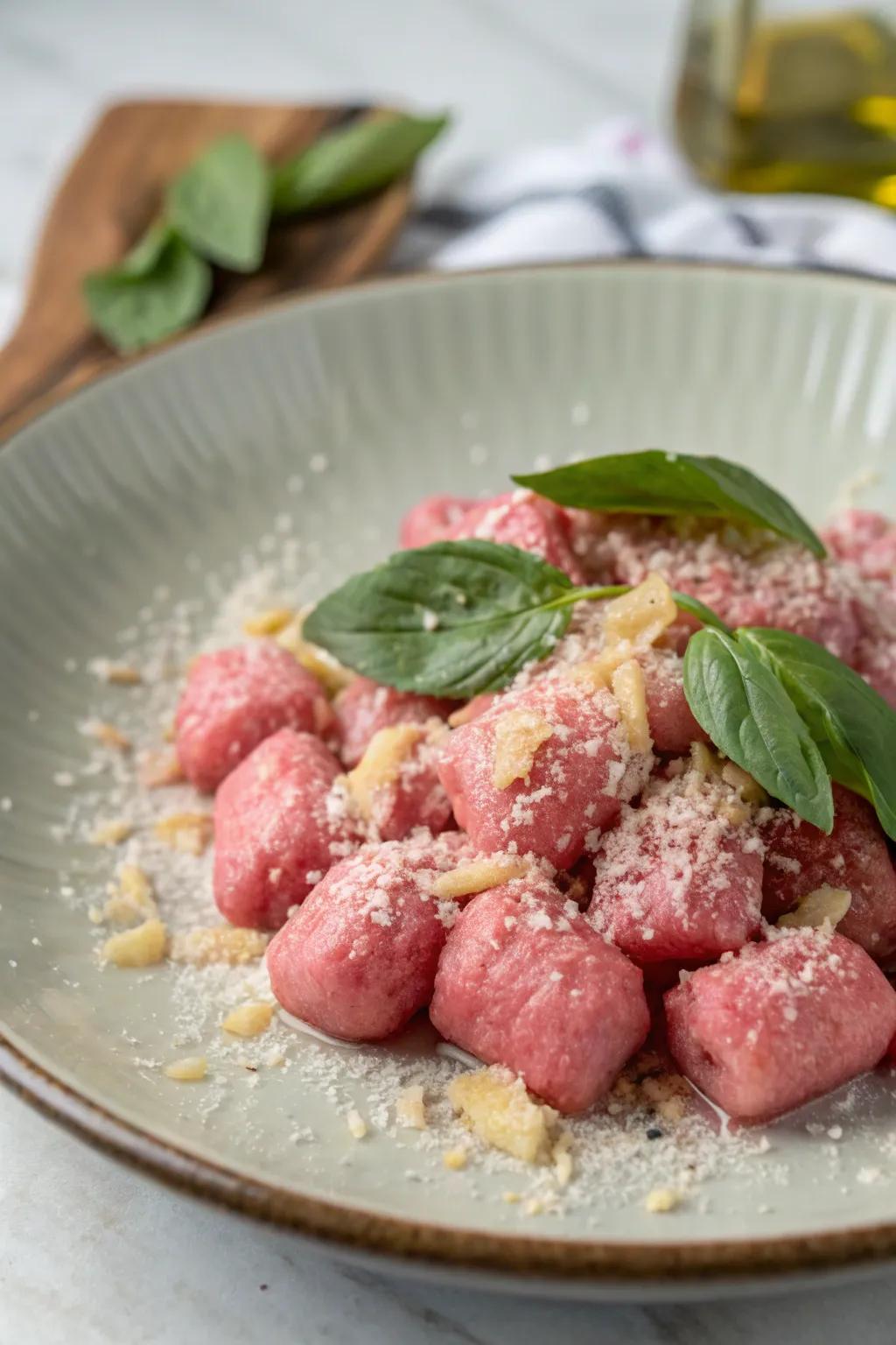 Pink potato gnocchi is both elegant and fun for a dinner party.