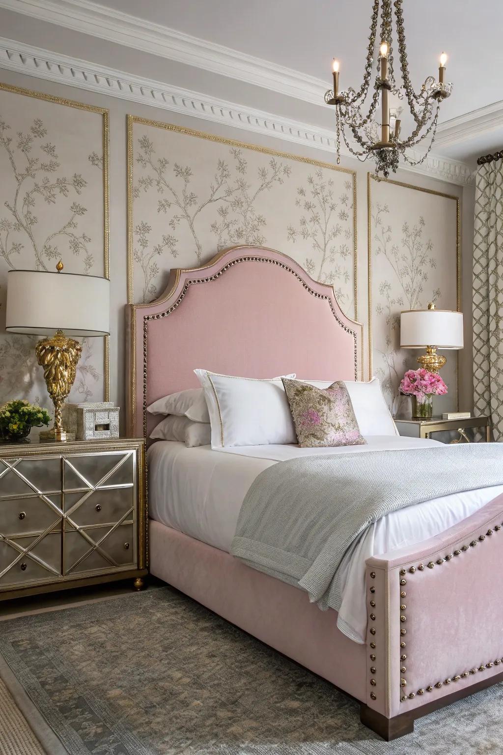 A timelessly beautiful bedroom displaying a rose pinpoint trim panel.