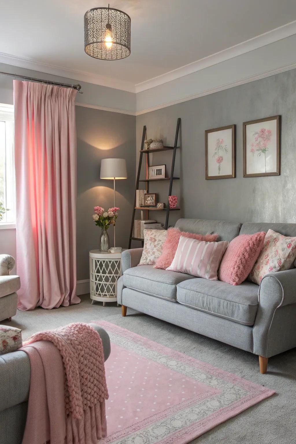 Soft hues add a gentle touch to grey interiors.