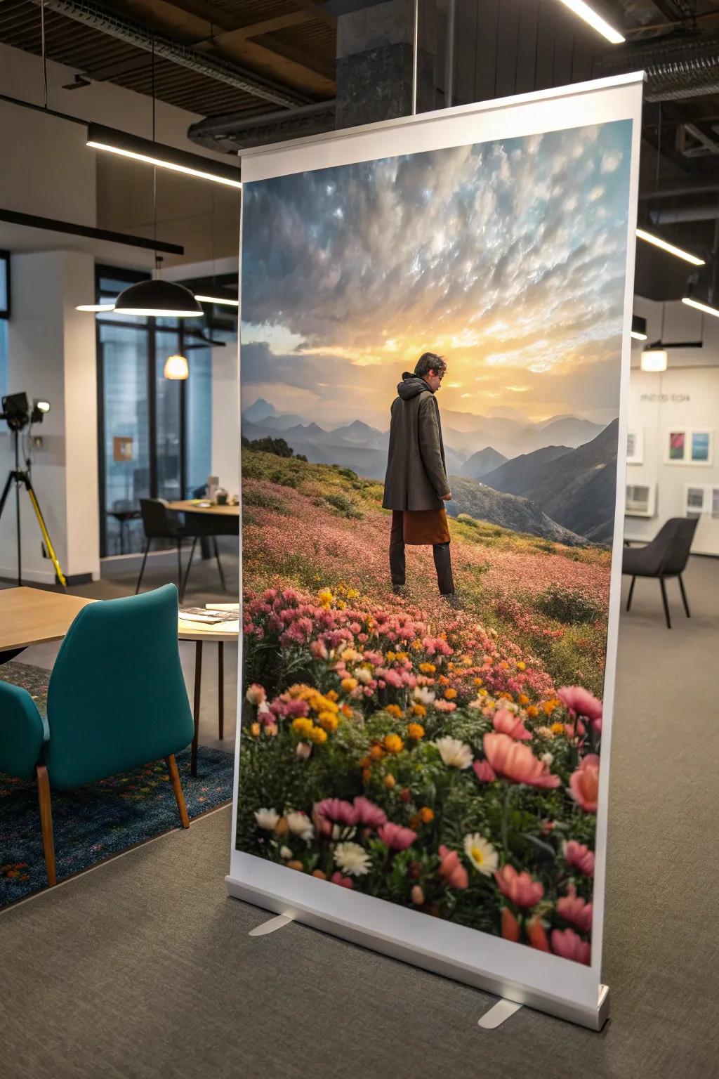 A fantastical image print featuring a figure with flowers in a creative workspace.
