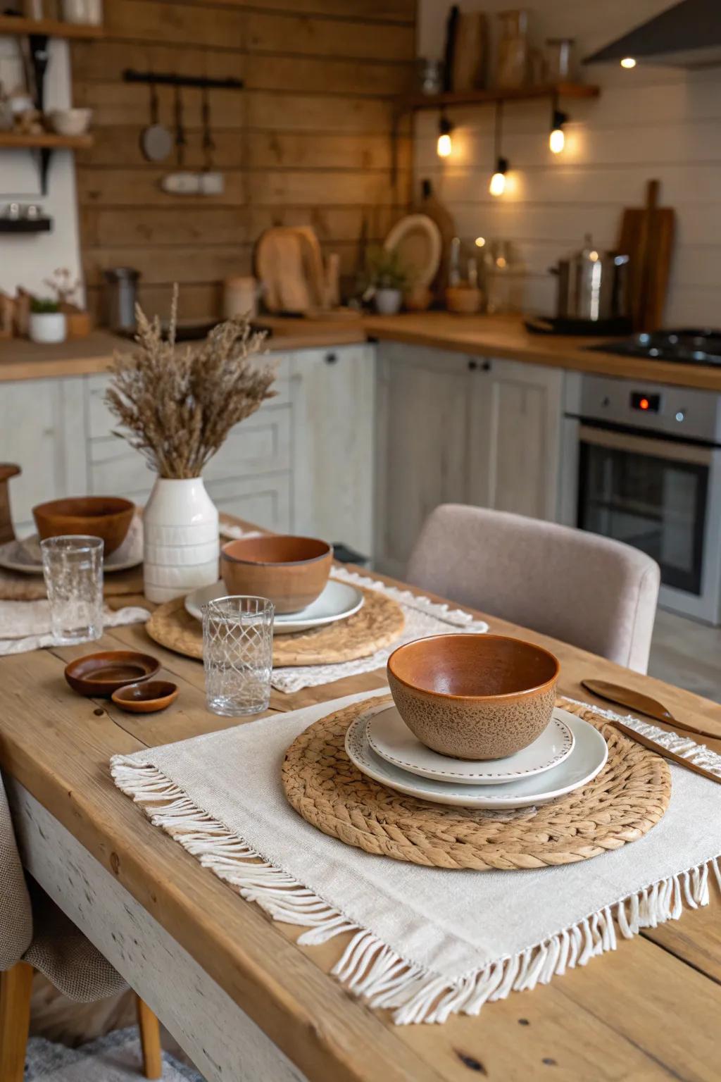 Muted and farmhouse-style aesthetics introduce warmth and coziness to your dining table.