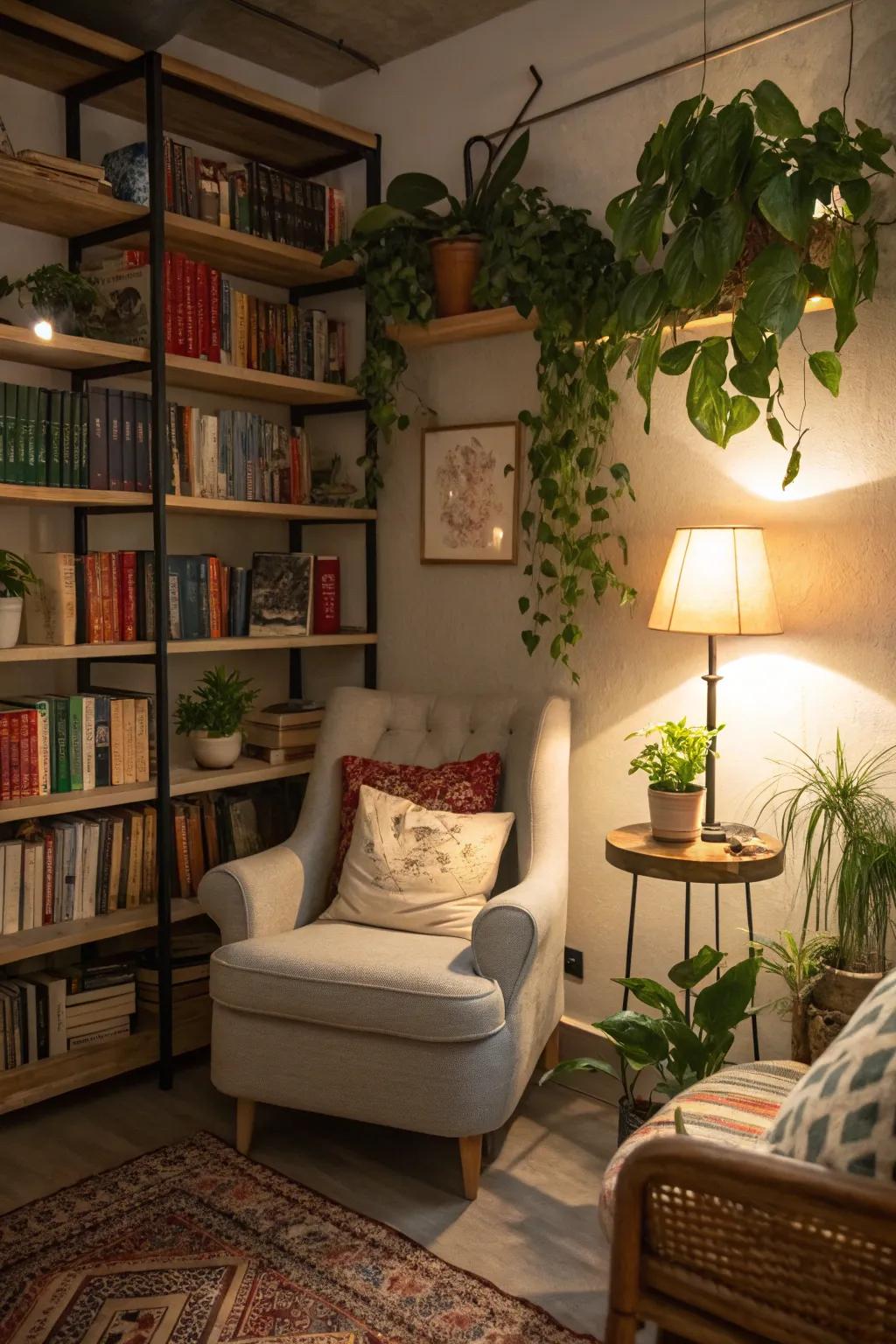 Create a tranquil reading space with plant shelves.