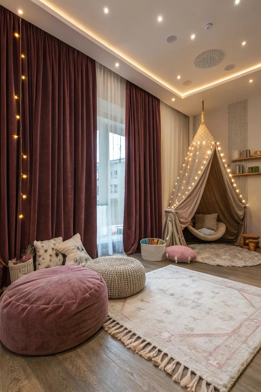 Soft velvet curtains bring warmth and comfort to the playroom.