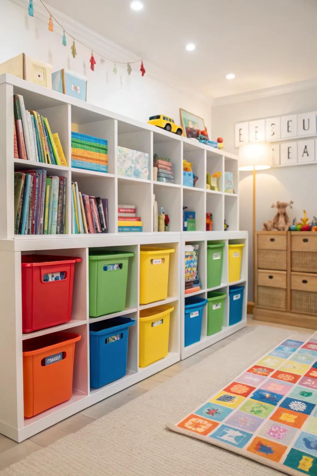 A playroom featuring color-coordinated bins and shelves for a unified appearance.