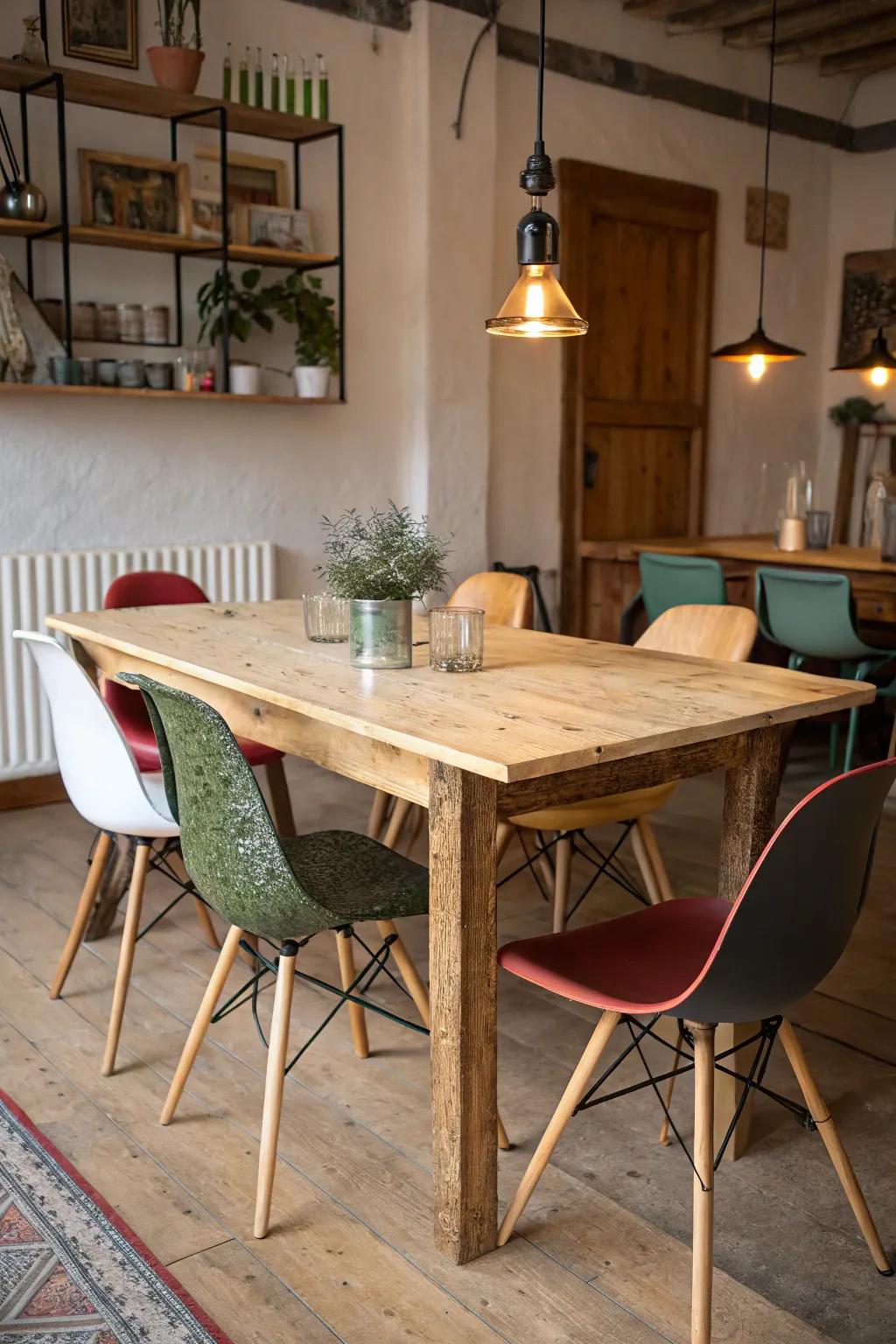 A wood panel dining table coupled with various materials creates a distinctive look.