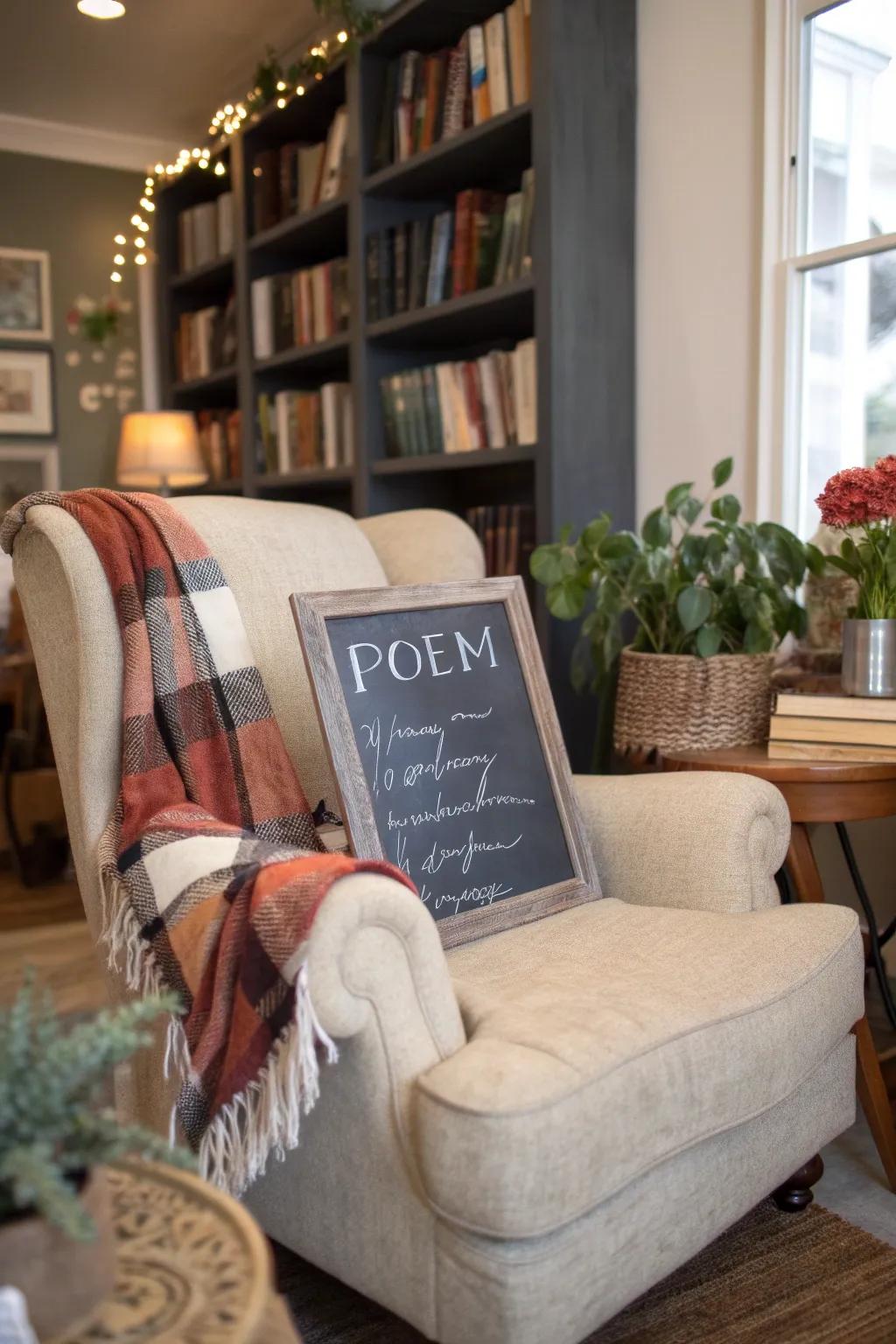 A chalkboard verse nook introduces a dynamic literary element to your home.