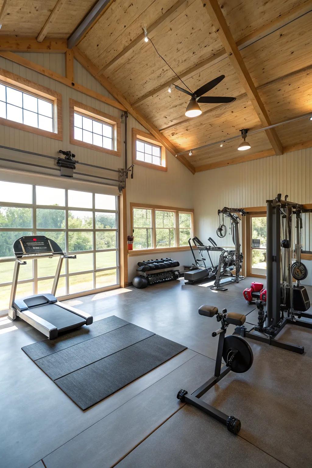 A home gym in a pole barn with exercise equipment and natural lighting.