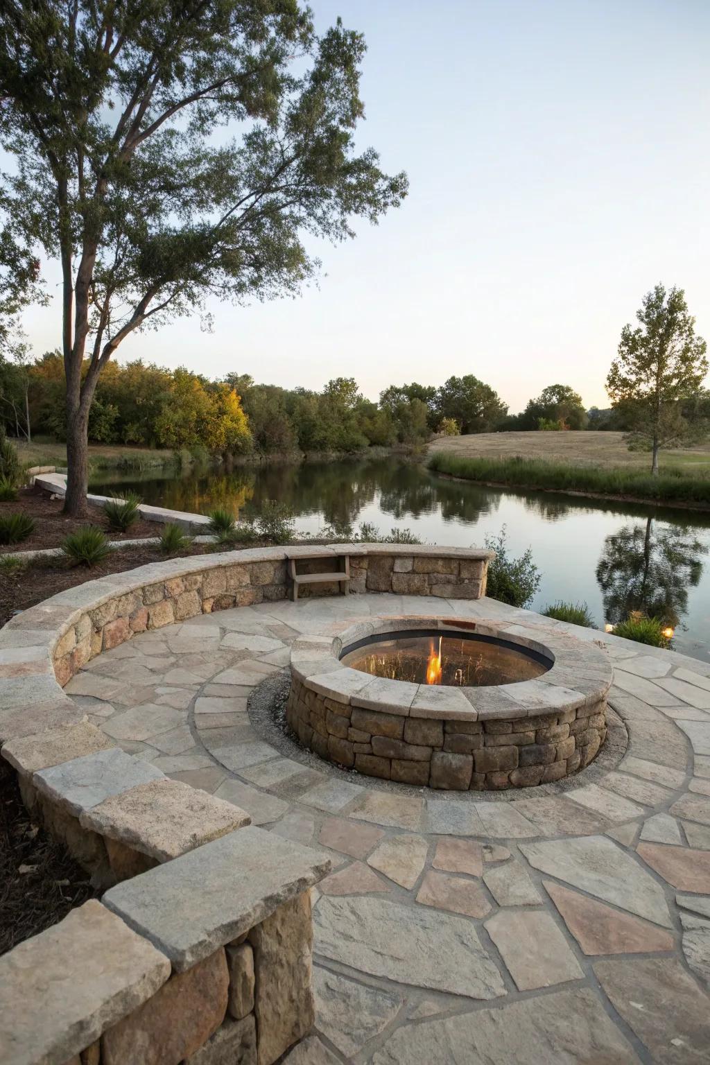 A fire pit by the pond cultivates a warm gathering space.