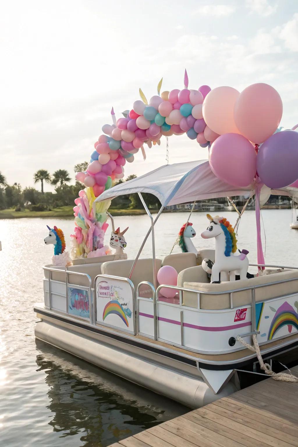A pontoon boat designed with a fantasy theme, showcasing magical unicorns and rainbows.