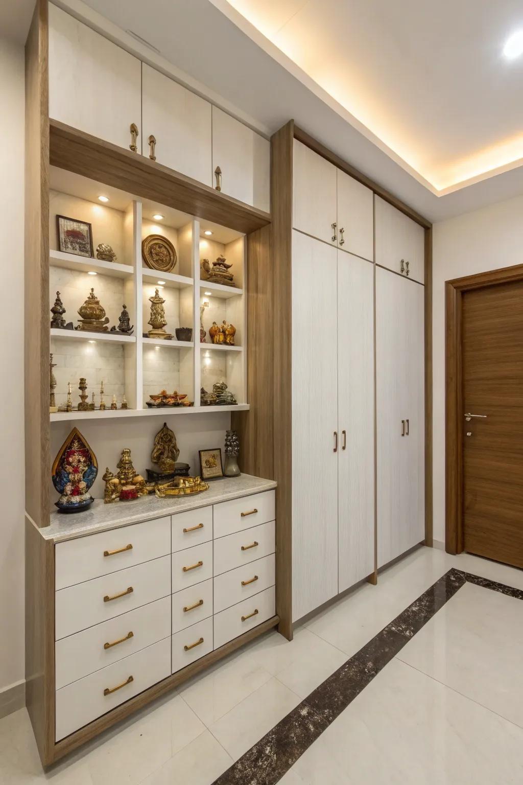 Neat and organized, smart shelving keeps this pooja room clutter-free.