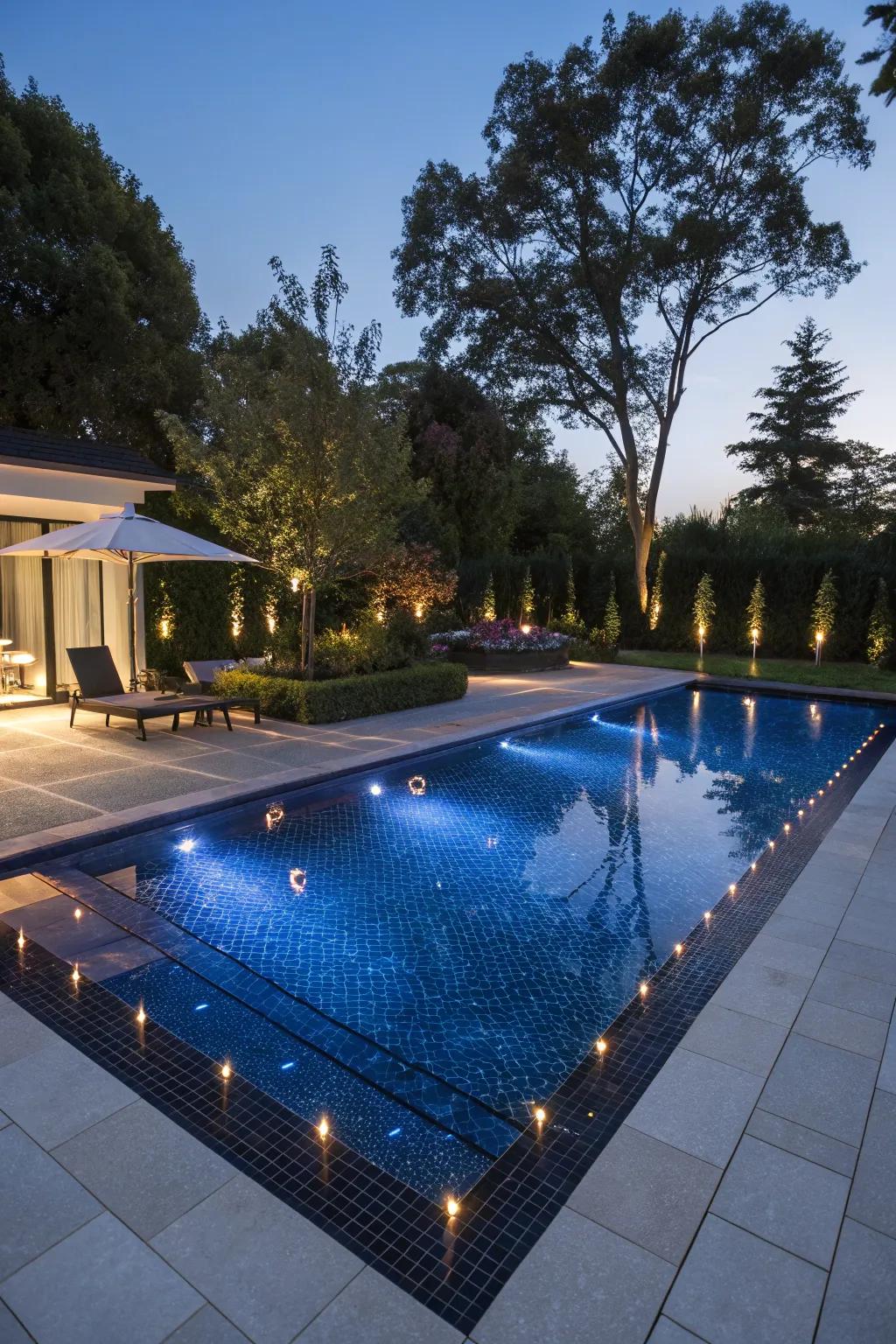 Ebony blue tiles create a bold and dramatic pool statement.