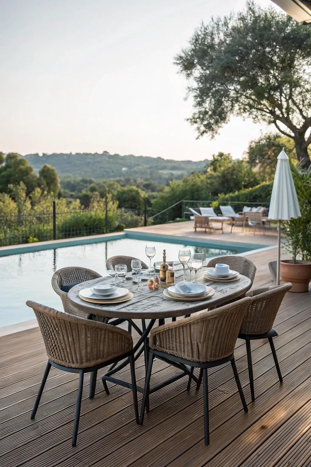 A chic dining area by the pool is perfect for entertaining guests.