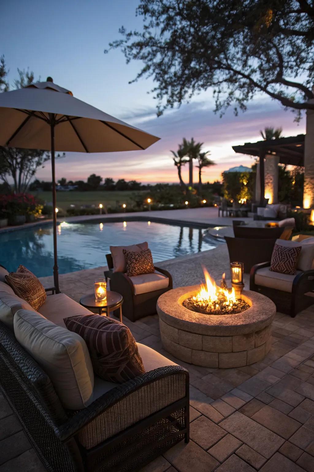 Open flame features add warmth and charm to poolside areas.