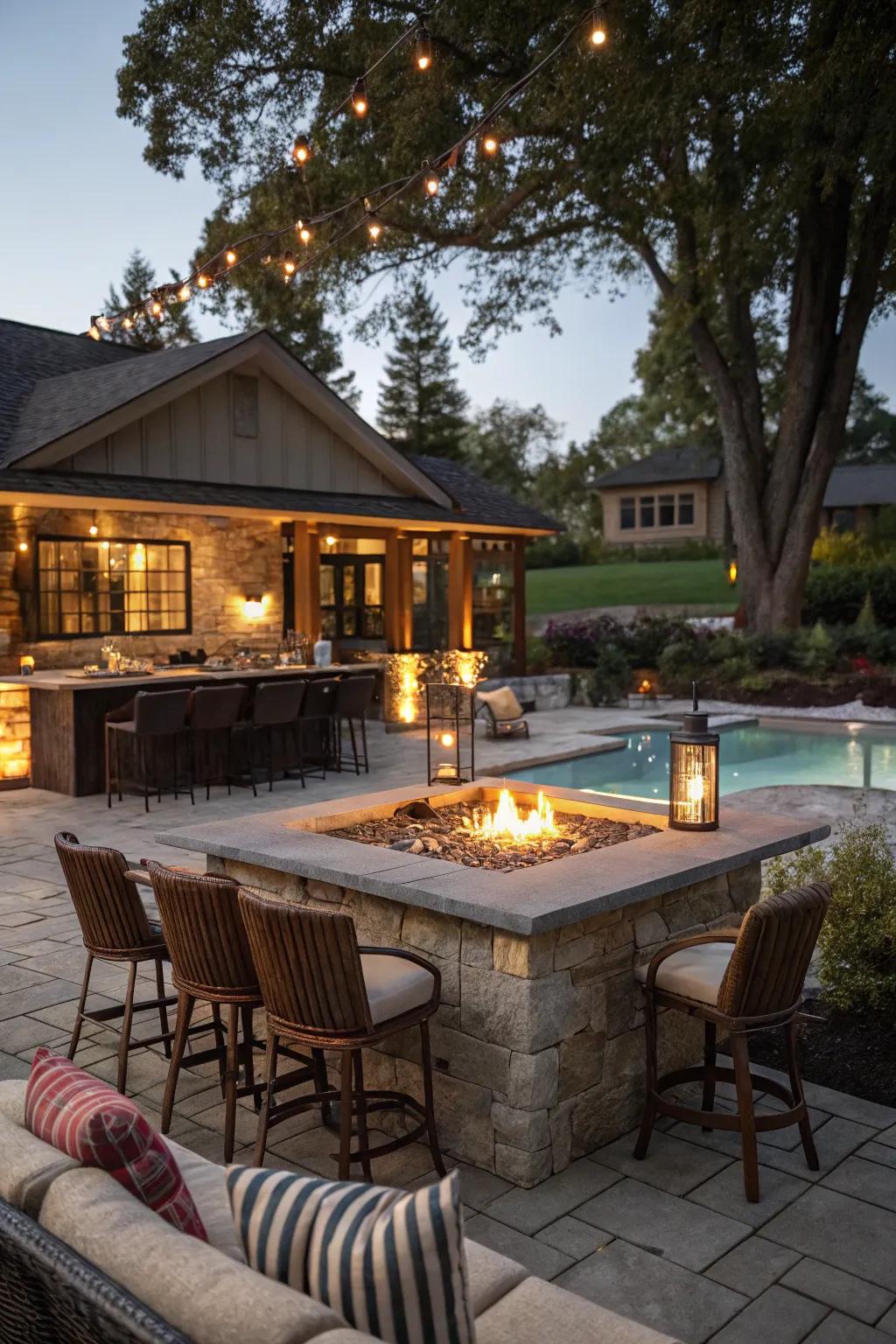 A <strong><em>fire pit bar</em></strong> offers warmth and ambiance near the pool.” loading=”lazy” class=”pimg”>
	</picture><figcaption>A <strong><em>fire pit bar</em></strong> offers warmth and ambiance near the pool.</figcaption></figure>
<p>Merge warmth and style by including a <strong><em>fire pit bar</em></strong> in your pool house area. The dancing flames from my fire pit have become the backdrop for countless cozy chats in the evening.</p>
<h3>A few helpful options:</h3>
<ul class=