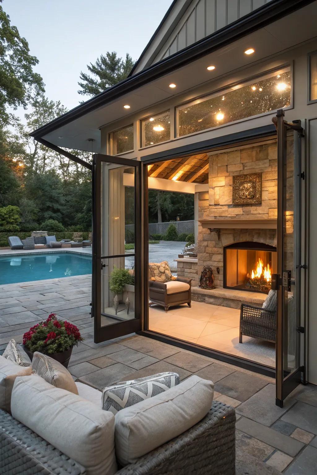 A hearth feature within your pavilion adds heat and ambiance on chilly nights.