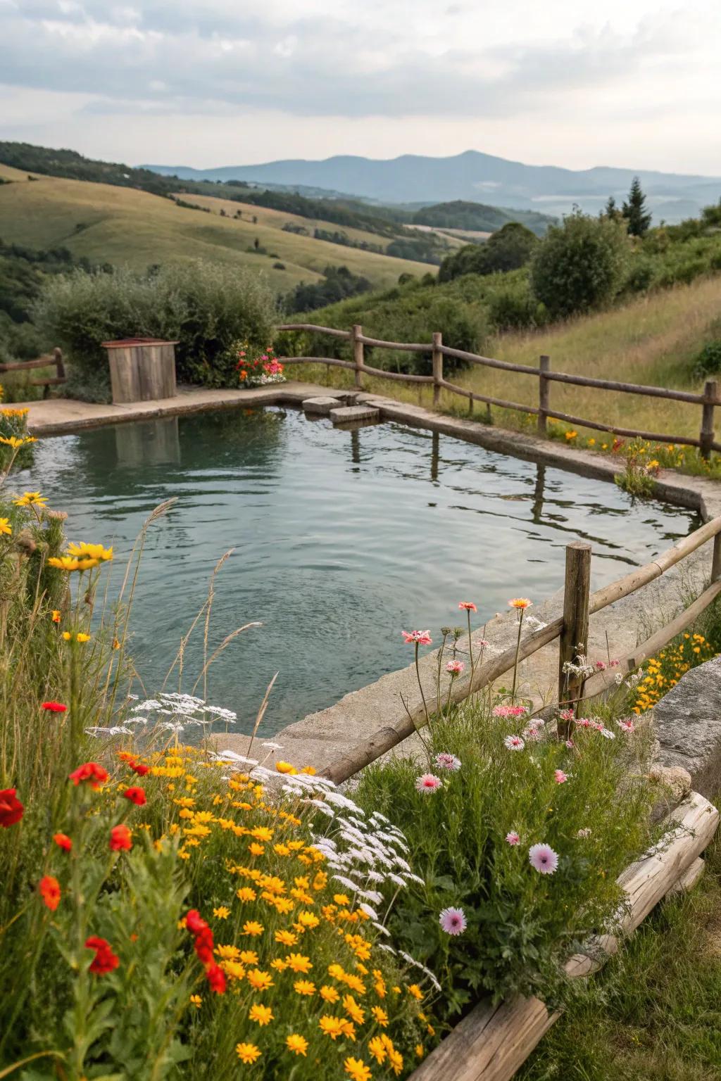 A pool pond showcasing a charming countryside atmosphere.
