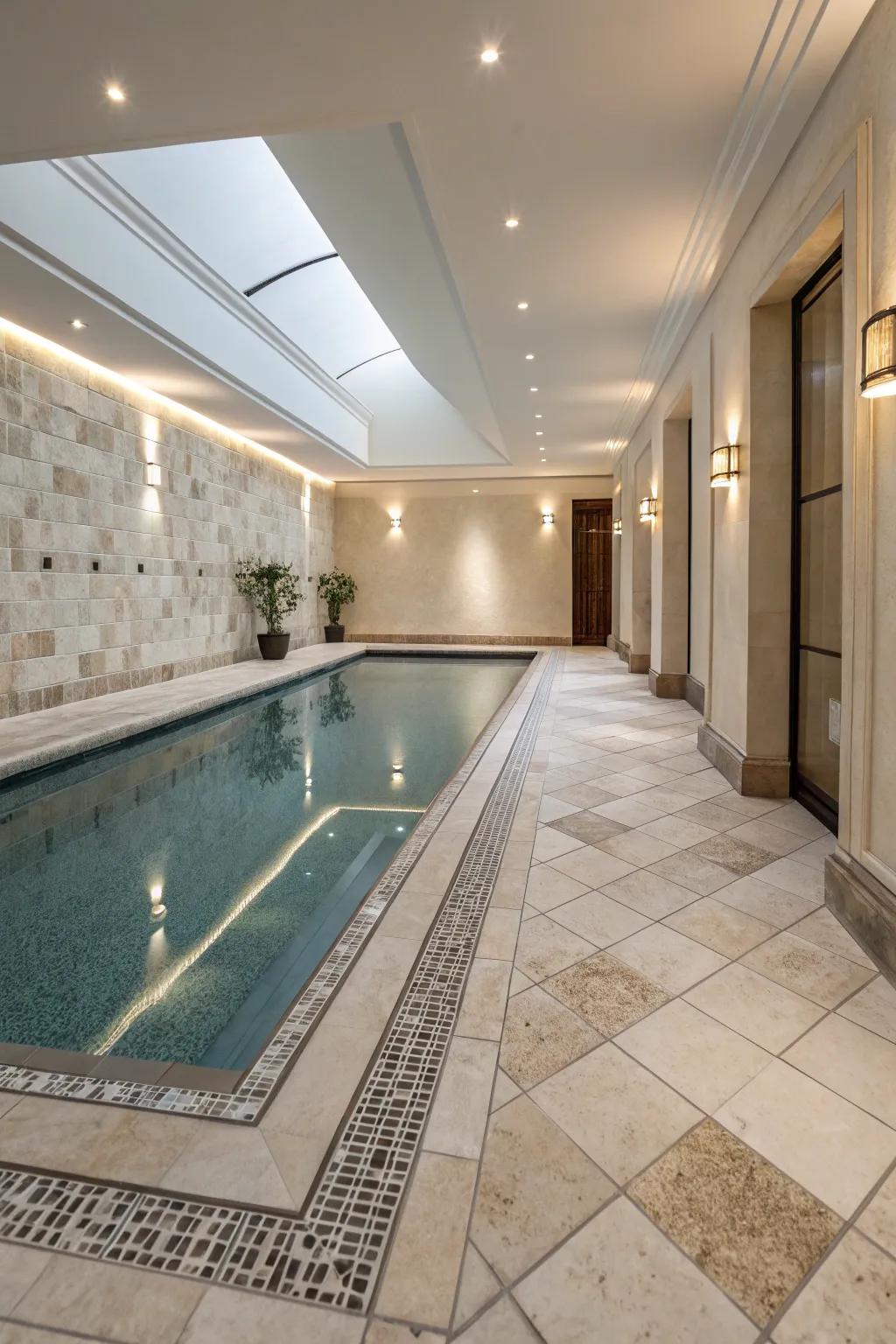 Modern sophistication achieved with sleek, neutral-toned tiles.