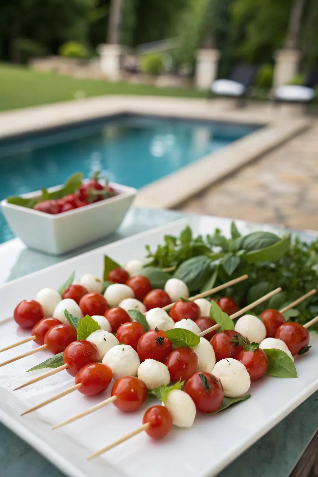 Tomato and Mozzarella Skewers: An effortless yet delightful appetizer option by the pool.