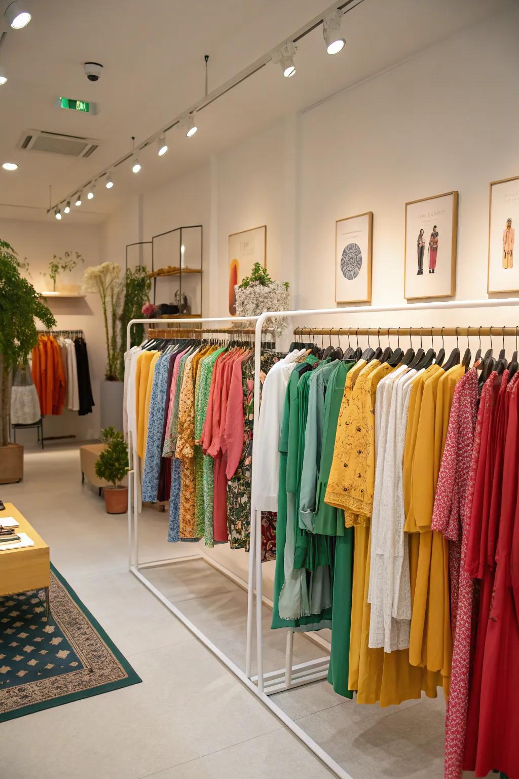 Stylish clothing stands improve the display of garments in a pop-up shop.