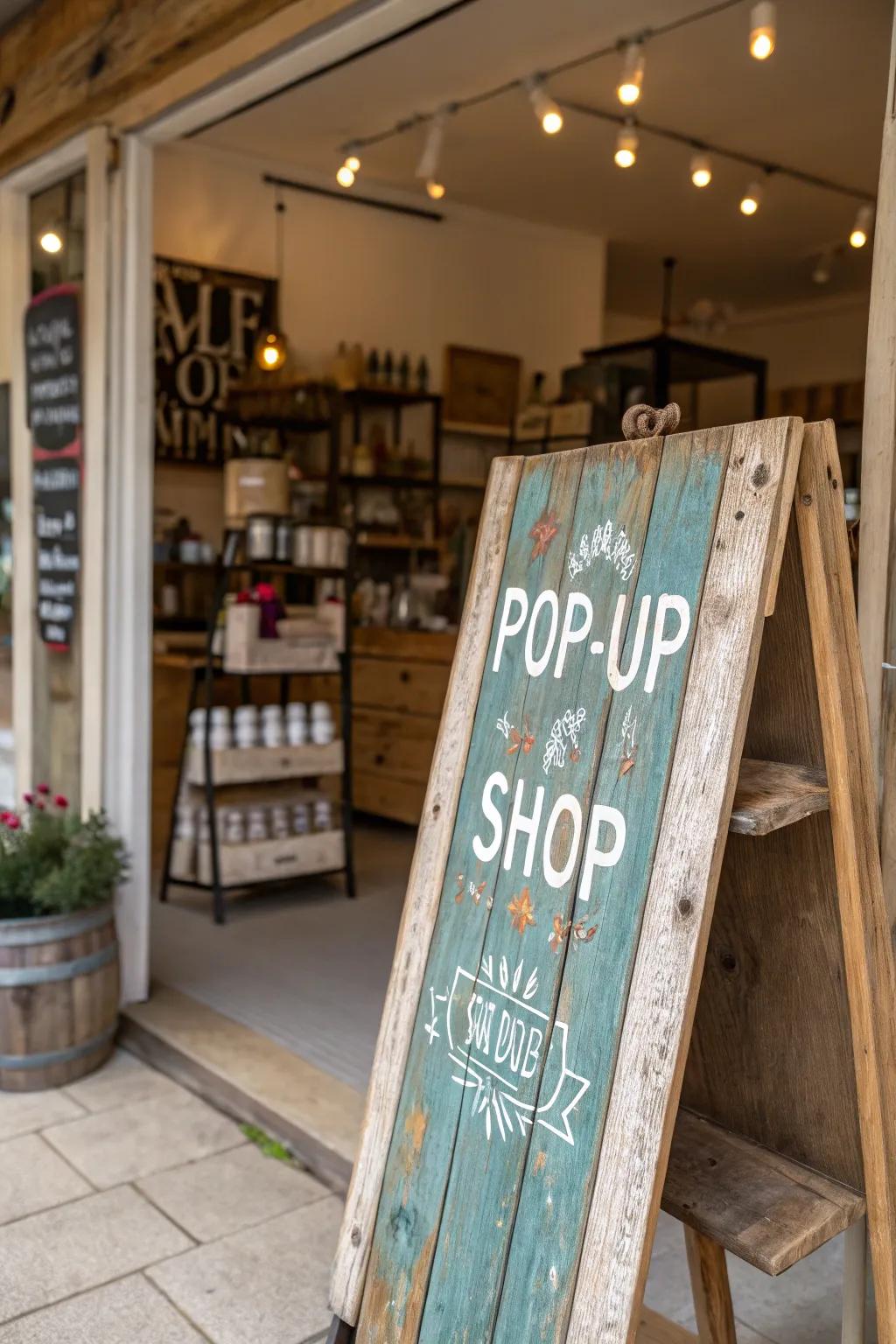 Rustic wooden sign conveying warmth and authenticity at a pop-up shop.