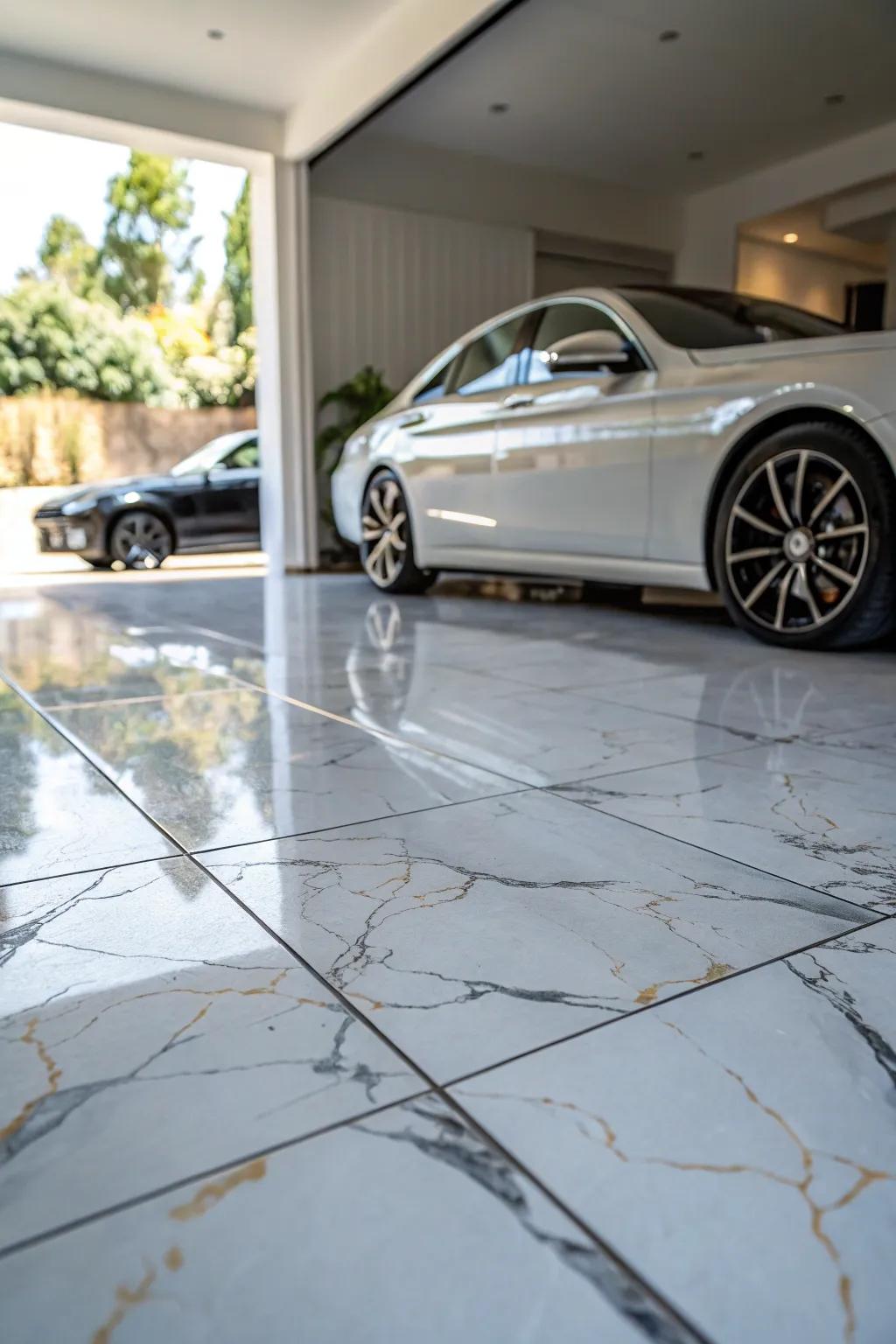 Bring elegance to your garage using marble-look ceramic stones.