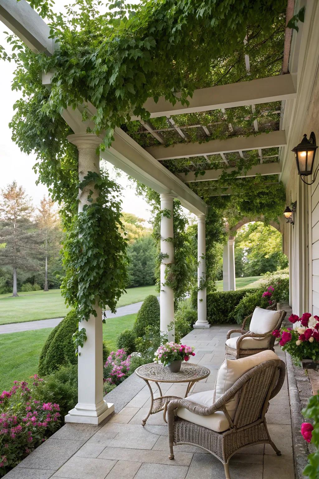 Refined and airy, a pergola style porch roof.