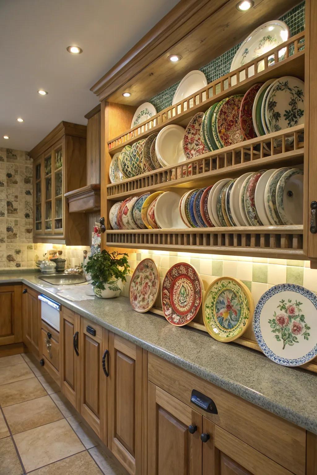 Kitchen wall with pottery plates displayed on wall-mounted racks.