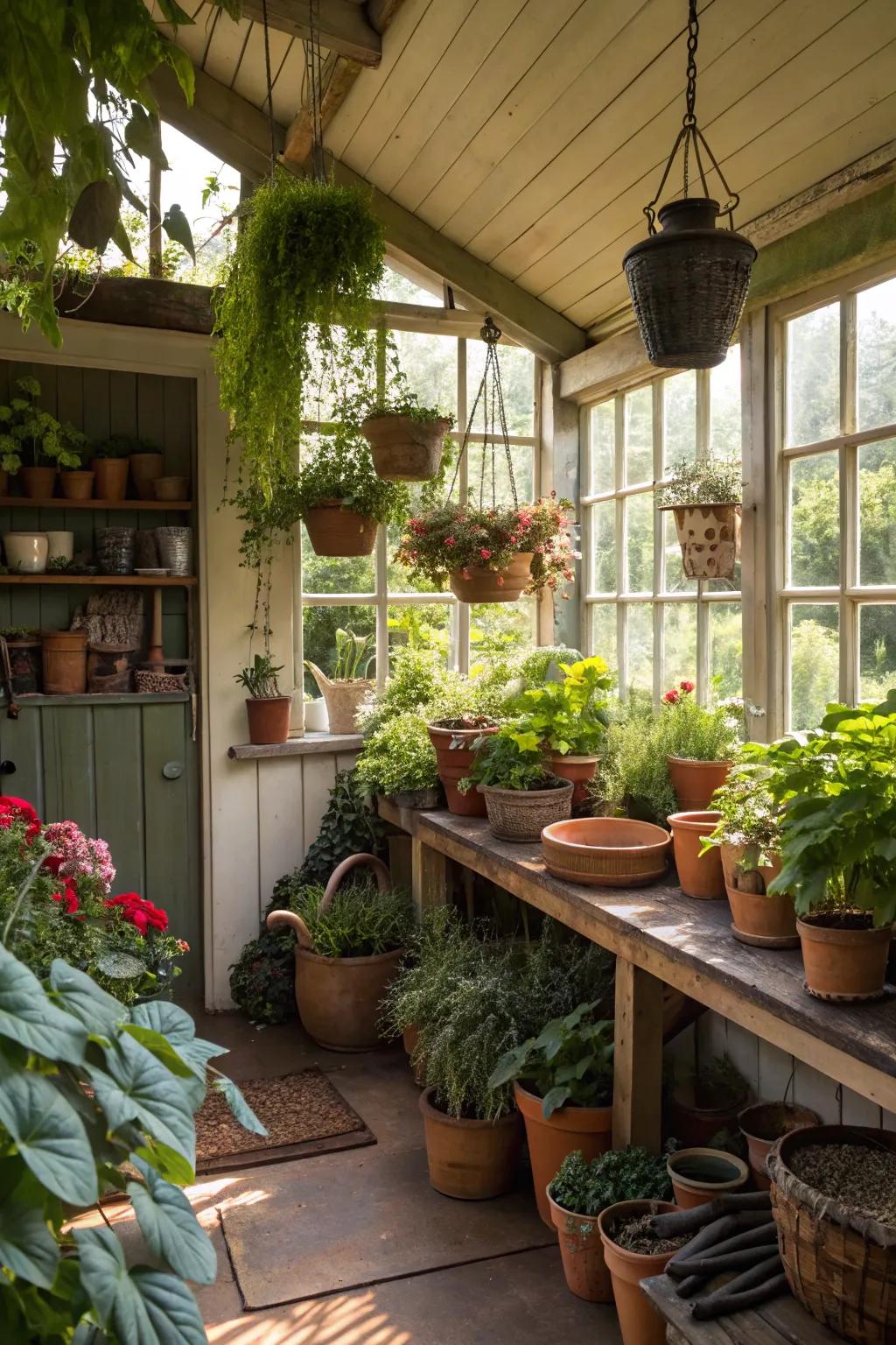 A potting shed abundant with interior greenery.